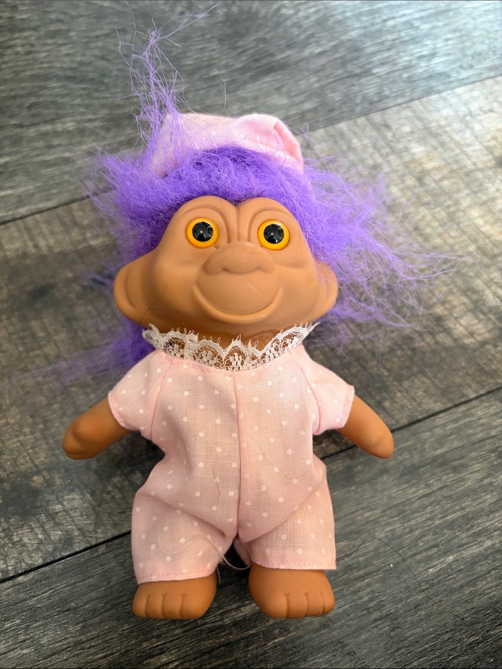 Vintage Troll Doll 5” purple hair wearing pink pajamas T.N.T. Needs hair glue